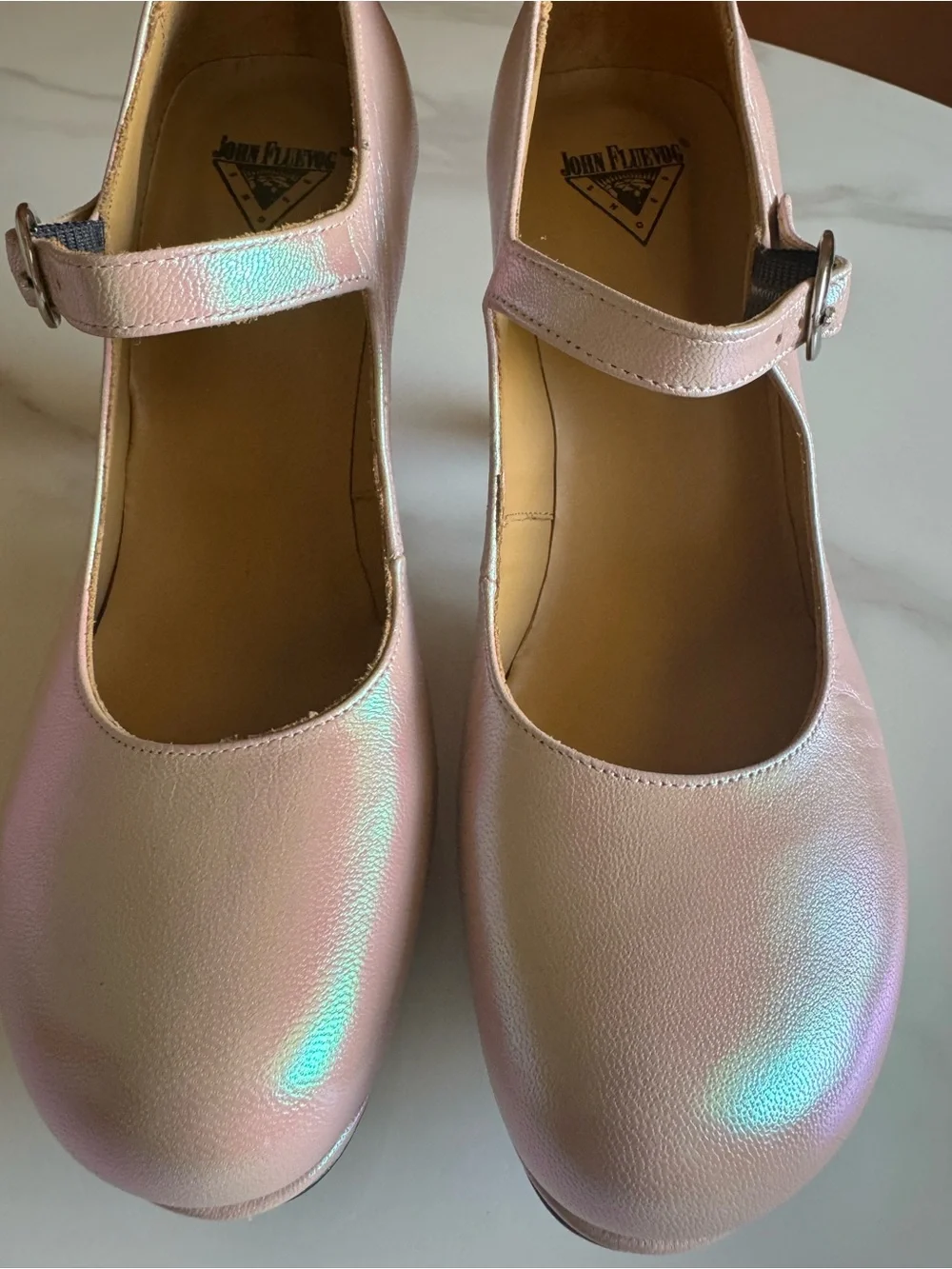 John Fluevog Elizabeth Queen Transcendent Pearl Pink Mary Jane Heels 7